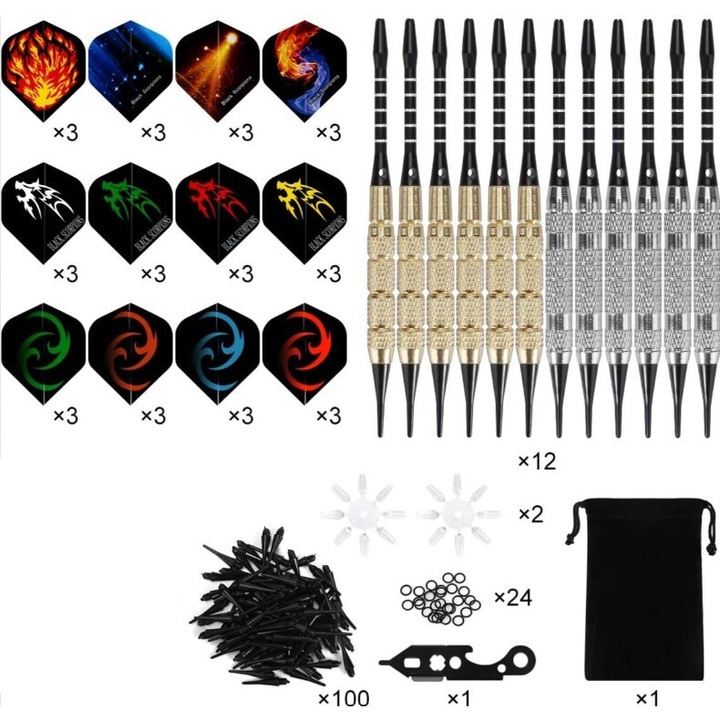 Комплект дартс 18G, QttvbTna, 12 дартса, 36 крила, 100 върха, чанта за съхранение, многоцветен