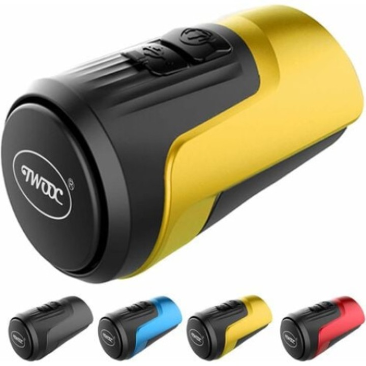 Sonerie bicicleta electrica QttvbTna, 125dB, alarma antifurt, 4 moduri sunet, USB reincarcabila, impermeabila, galben, 38x60mm