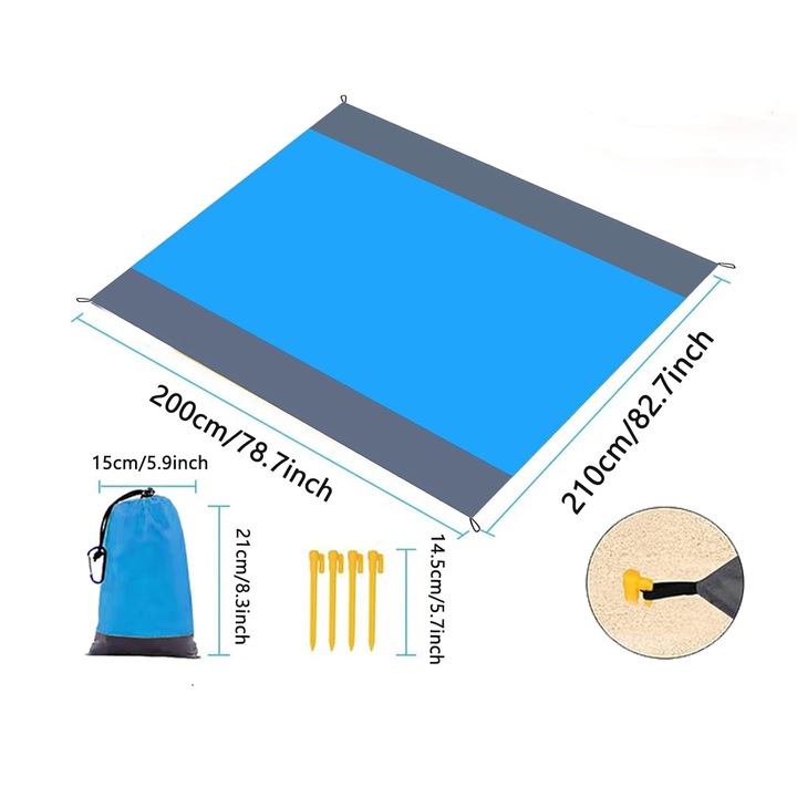 Плажно одеяло QttvbTna, водоустойчиво, 200x210 см, синьо