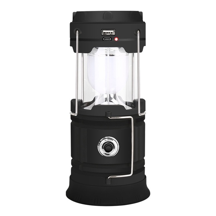 Lanterna camping solara LED QttvbTna, portabila, incarcare USB, rezistenta la apa IPX4, negru, 200x92x79mm