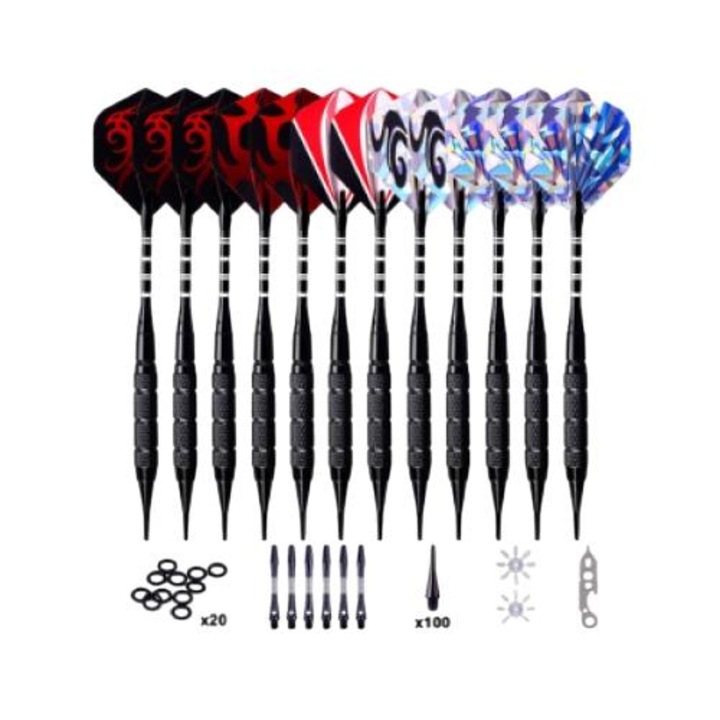 Комплект от 12 дартса, QttvbTna, пластмаса, 129 аксесоара, многоцветен