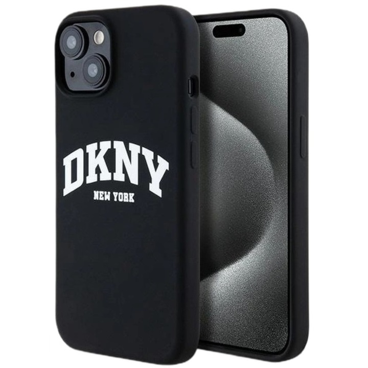 DKNY Liquid Silicone White Printed Logó MagSafe tok kompatibilis iPhone 15 / 14 / 13 Black