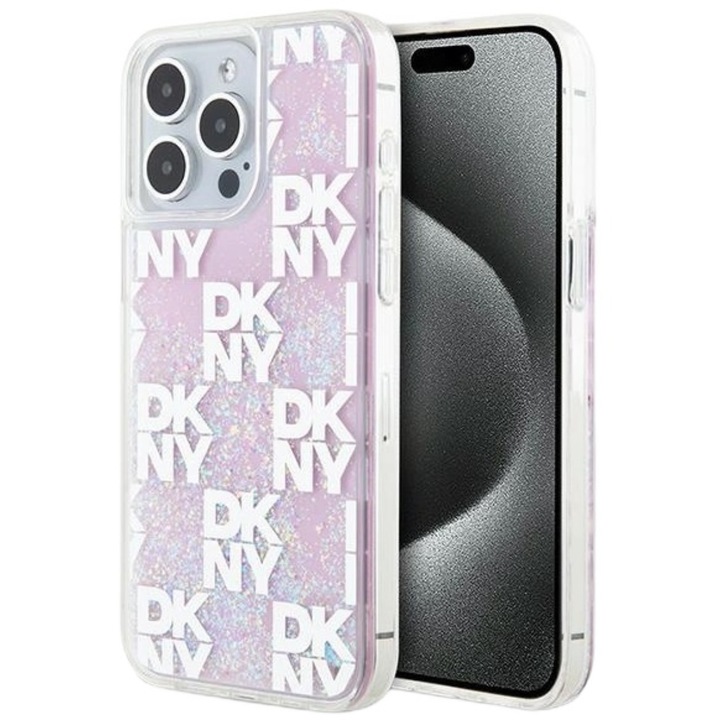 DKNY Liquid Glitter Multilogo tok, amely kompatibilis az iPhone 15 Pro Max Pink telefonnal