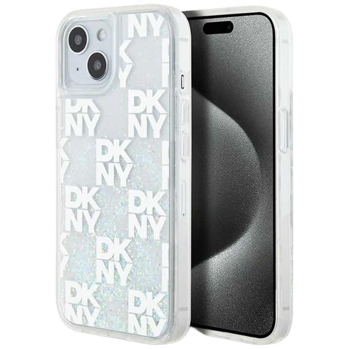 DKNY Liquid Glitter Multilogo tok kompatibilis iPhone 15 / 14 / 13 telefonnal, fehér