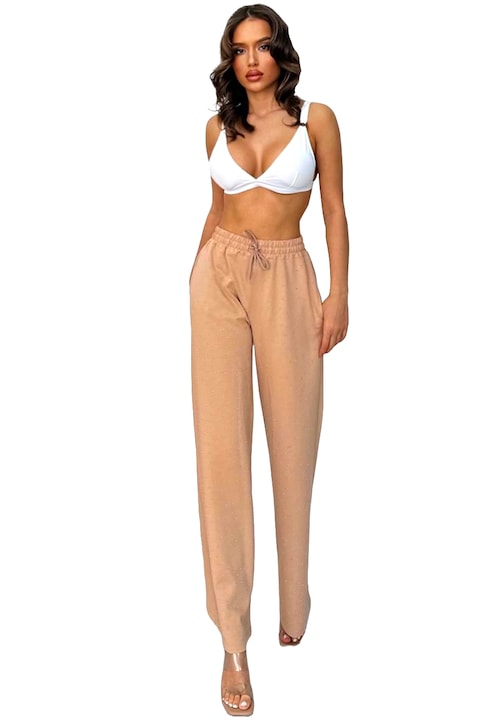 Pantaloni casual HIKE Glow, cu aplicatii tip strasuri, Bej