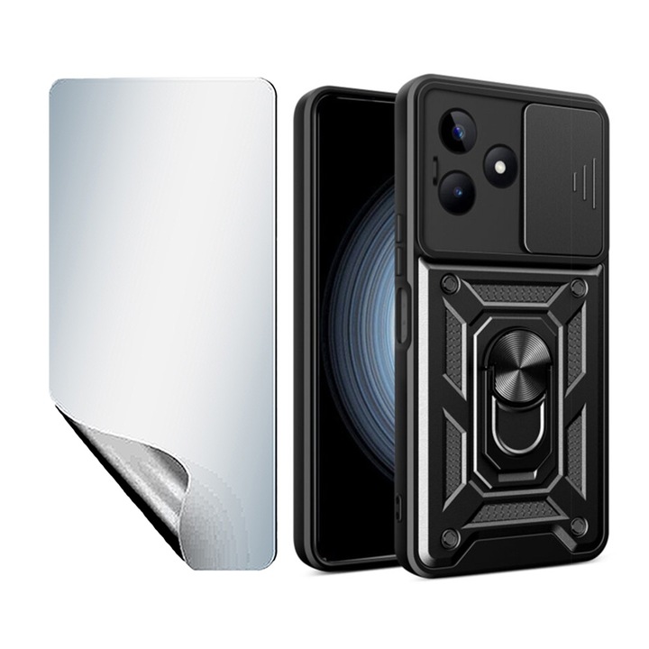 Комплект регенерируемо хидрогелно фолио и капак на обектива с броня на затвора за Realme Note 50, Optim Solution, иновация и защита, плъзгащ се механизъм, 360° защита на цялото тяло на Camshield, против пръстови отпечатъци, черен