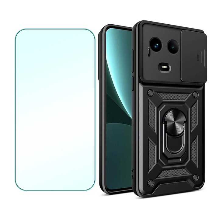 2.5D Secure Glass Fólia készlet és Shutter Back Armor Ring Lencsevédő a Realme 11 5G-hez, OPTIM MEGOLDÁS, Innováció és védelem, Csúsztatási mechanizmus, UHD Clarity, Prémium védelmi készlet, Camshield teljes test 360°, fekete