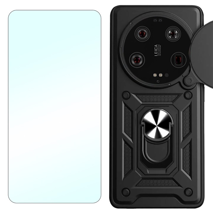 2.5D Secure Glass Fólia készlet és Shutter Back Armor Ring Lencsevédő Xiaomi 14 Ultra készülékhez, OPTIM MEGOLDÁS, Innováció és védelem, Csúsztatási Mechanizmus, UHD Clarity, Prémium védelmi készlet, Camshield Full Body 360°, Fekete
