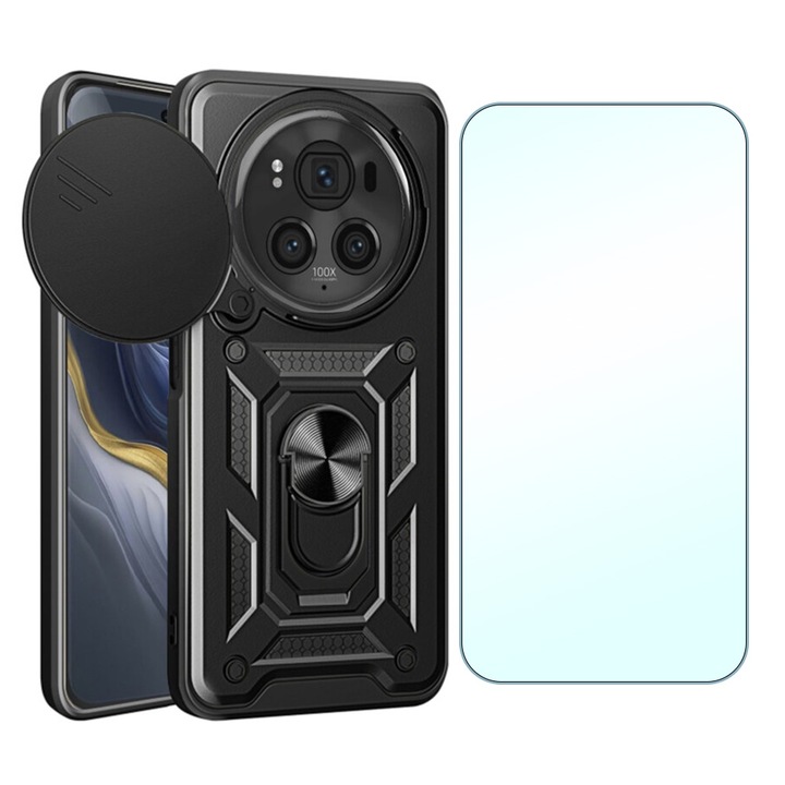 Калъф и протектор за Honor Magic6 Pro, OPTIM SOLUTION, иновация и защита, плъзгащ се механизъм, UHD Clarity, първокласен комплект за защита, Camshield Full Body 360°, черен