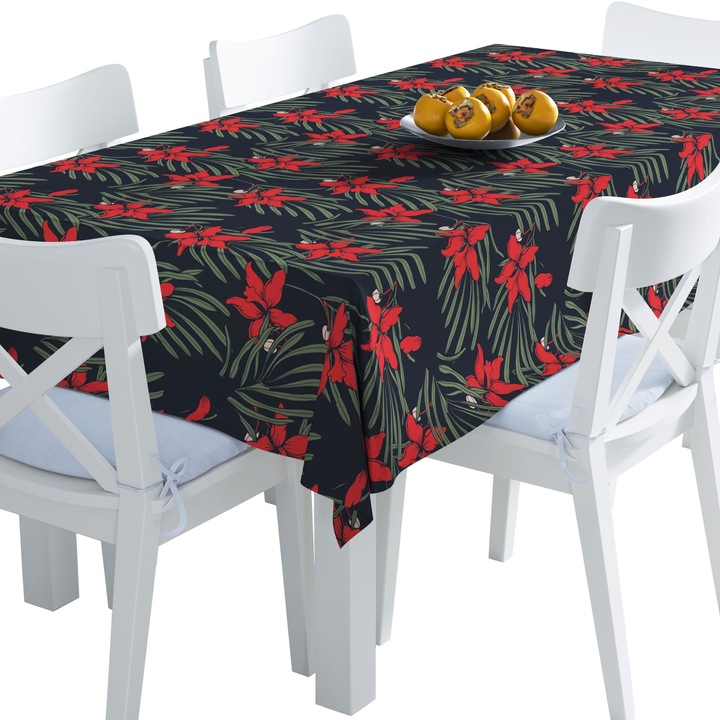 Abrosz, piros virágok feketén, Poliészter, Téglalap, Méret: 140 cm x 250 cm, TDX229/250