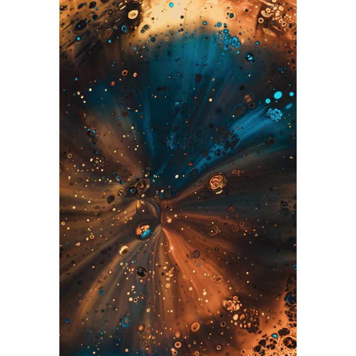 Tapet Premium Canvas, Abstract pete ulei galben albastru auriu celule bule apa, 250 x 360 cm