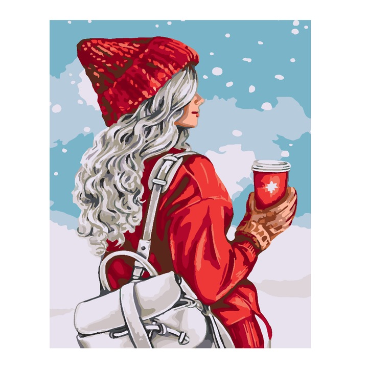 Set pictura pe numere Fata iarna 4474, panza bumbac pe rama lemn, 40x50 cm, tablou cu schita, 3 pensule si vopsea acrilica