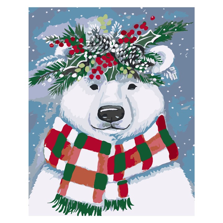 Set pictura pe numere Urs iarna 4475, panza bumbac pe rama lemn, 40x50 cm, tablou cu schita, 3 pensule si vopsea acrilica