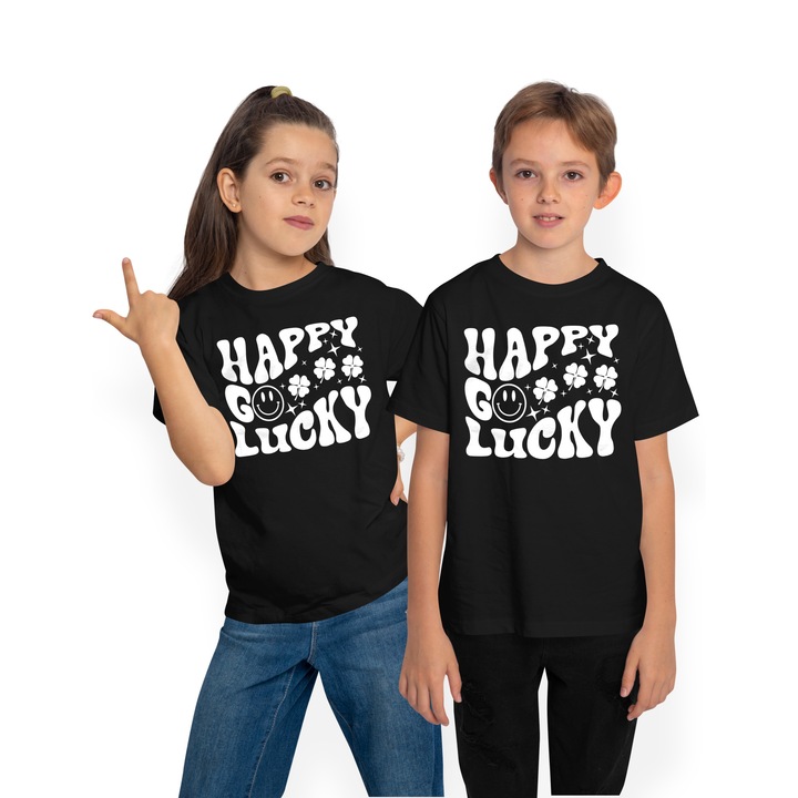 Gyermek póló négylevelű lóherével és angol „Happy, go lucky” felirattal – boldog, szerencsés, Fekete
