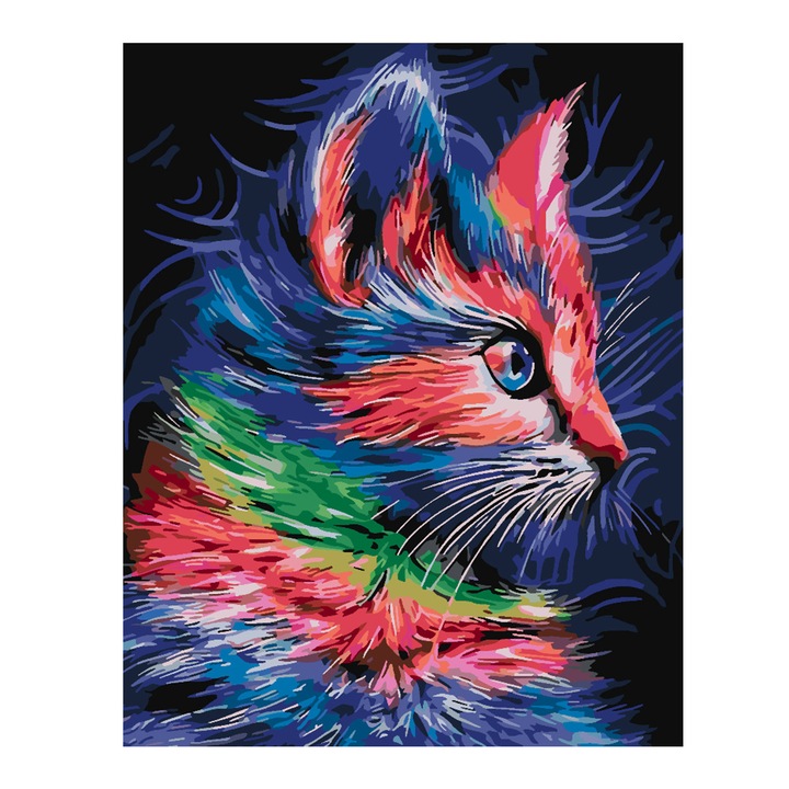 Set pictura pe numere Pisica portret 4456, panza bumbac pe rama lemn, 60x80 cm, tablou cu schita, 3 pensule si vopsea acrilica