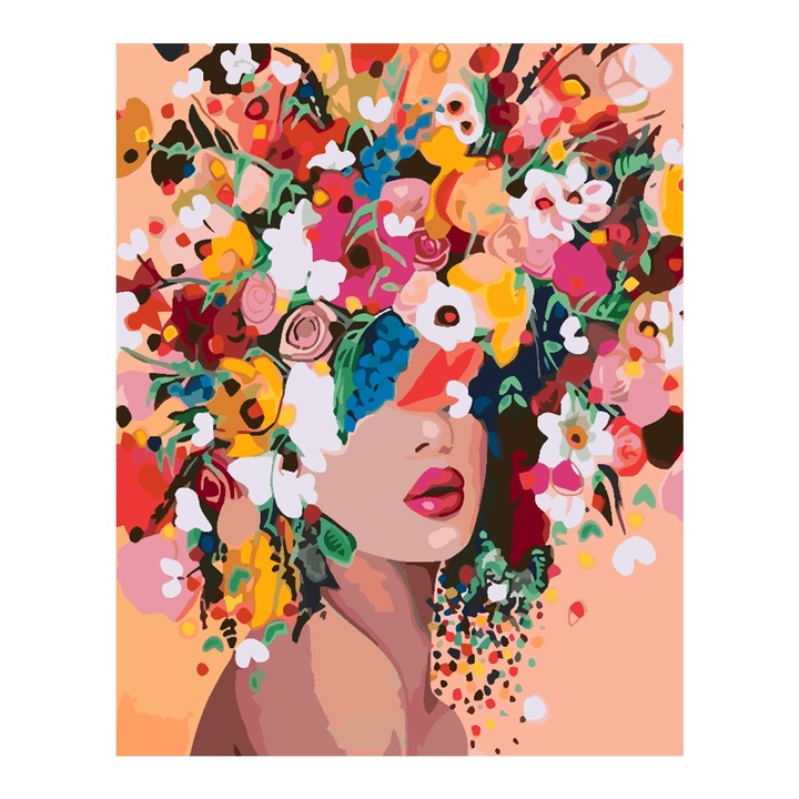 Set pictura pe numere Portret fata 4459, panza bumbac pe rama lemn, 40x50 cm, tablou cu schita, 3 pensule si vopsea acrilica