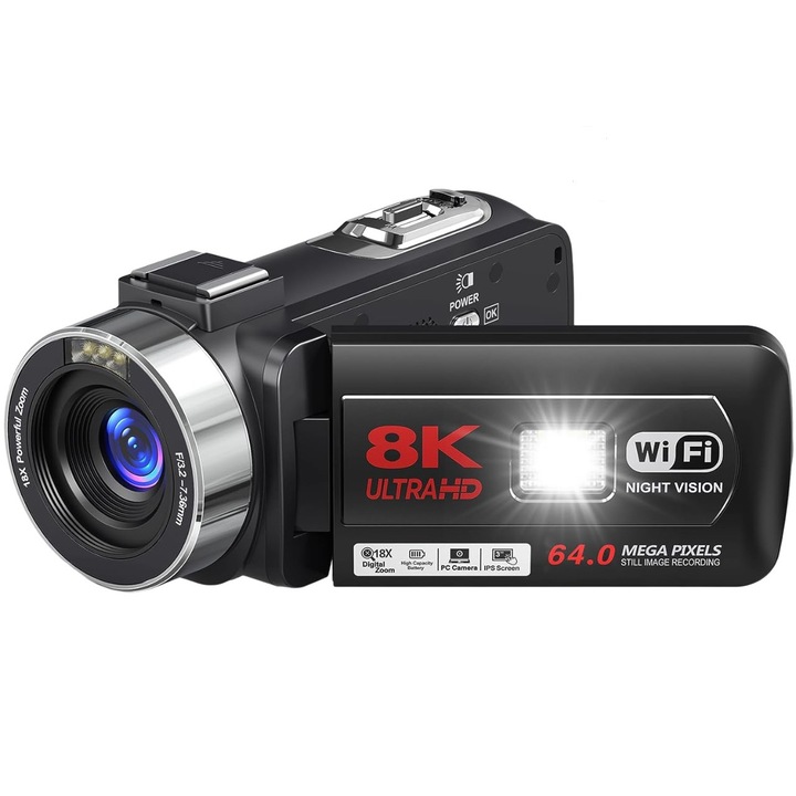 Camera video digitala, 8k, 64 megapixeli, 18x zoom digital, microfon extern, 2 acumulatori, wifi, telecomanda, neagra