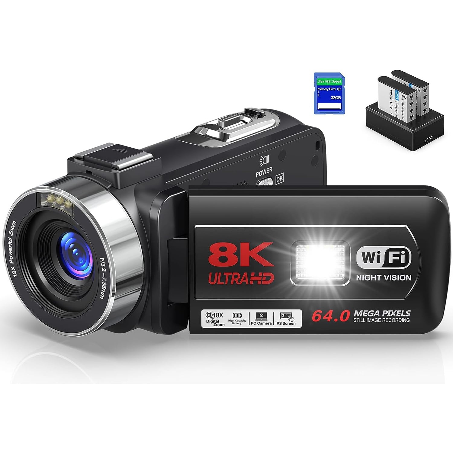 Camera video digitala, 8k, 64 megapixeli, 18x zoom digital
