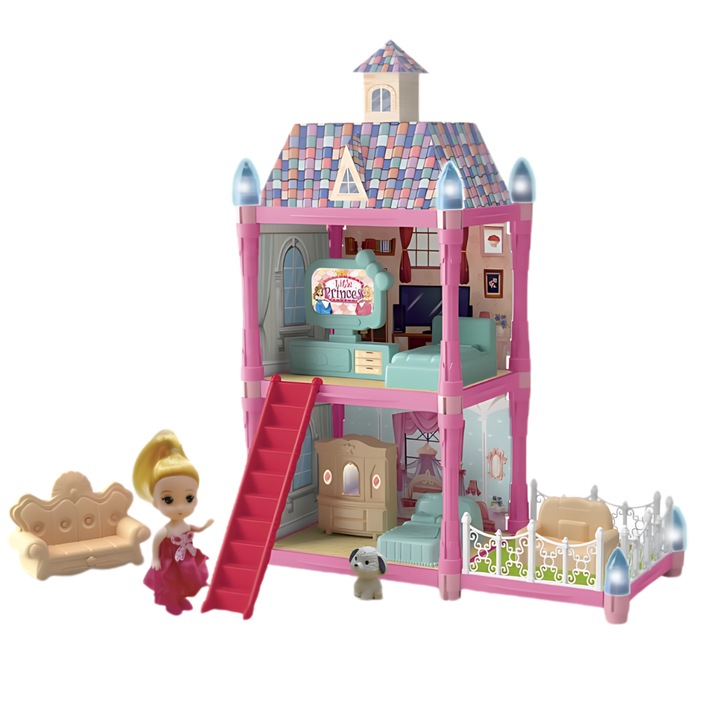 Babaház, 72 db, 2 szintes, lépcső, baba, kiskutya, terasz, bútor, rózsaszín mix, 556-56 modell, PROMERCO®