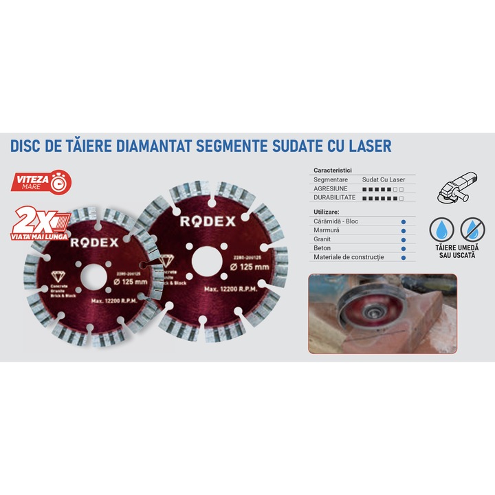 Disc De Taiere Diamantat, Rodex, Segmente Sudate Cu Laser, 125X20/22, 23Mm, Max Rpm 12.200, Pentru Caramida, Marmura, Granit, Beton (5/20/100)