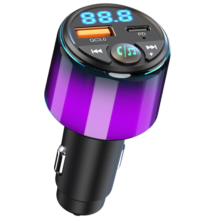 Modulator FM Bluetooth 5.3, Babefas, A178, Transmitator FM, RGB Spectacol Lumini, Functie de Incarcator Auto, QC 3.0, USB Type-C