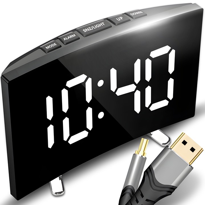Retoo GE817 többfunkciós óra típusú hajlított tükör nagy LCD hőmérséklet- és dátumkijelzővel, riasztó szundi funkcióval, nappali/éjszakai üzemmód, USB-ről vagy elemről működik, fekete
