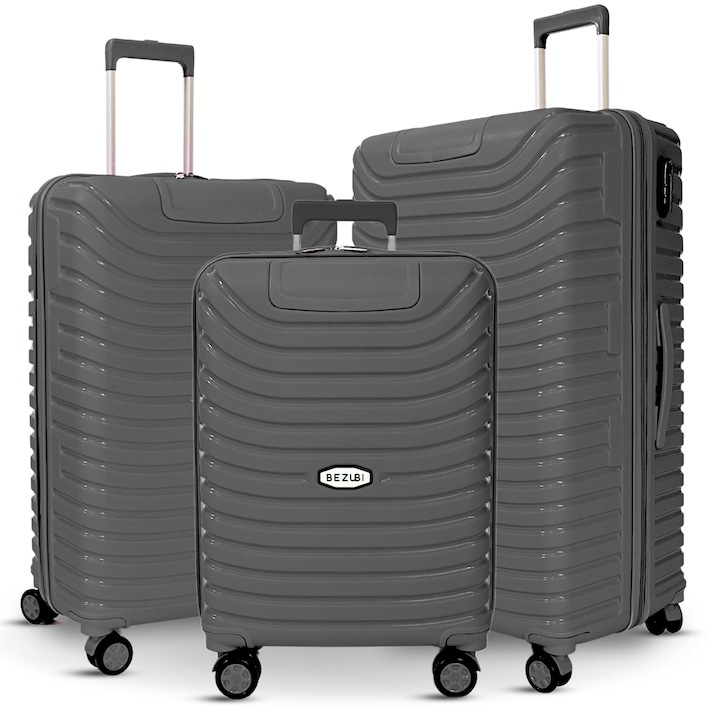 Bezubi Easy Travel üdülési kocsi komplett készlete, kézi poggyász és raktér, teleszkópos fogantyú, 4 csendes dupla kerék, 360 fokos elforgatás, cipzárral és számjegyekkel zárható, rekeszezés zsebbel, speciális rugalmas törésgátló PP anyag, szürke, 3 db