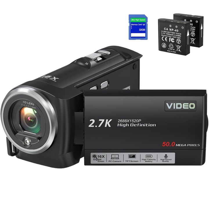 Camera video digitala, 2.7K, 50 megapixeli, 2 acumulatori inclusi, card 32 gb, neagra