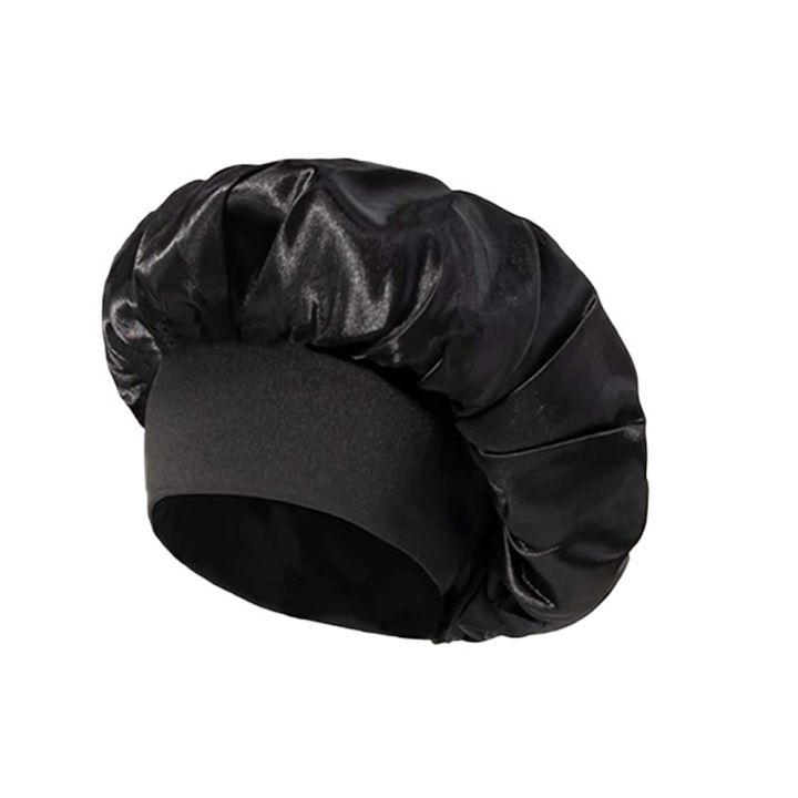 Boneta din Satin, mentine hidratarea parului, reduce efectul de incurcare, cu banda elastica pentru o buna fixare, potrivita pentru par cret, SA&SO General Store®, Negru