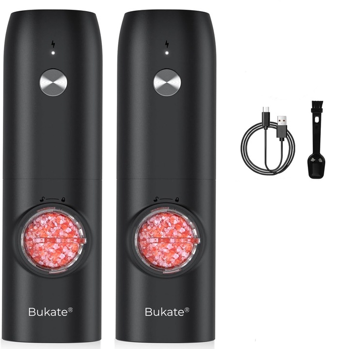 Set de 2 Rasnite Negre, Incarcare USB, Sare si Piper, Bukate®, Indicator LED, Grosime reglabila, Capacitate 140ml