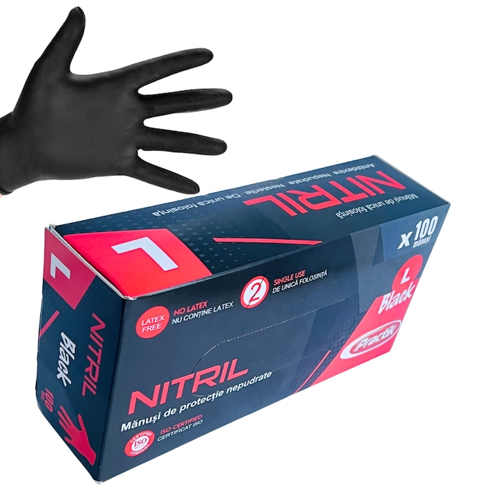 Set 100 Manusi din Nitril, Horeca, Negre, unica folosinta, nepudrate, marimea L