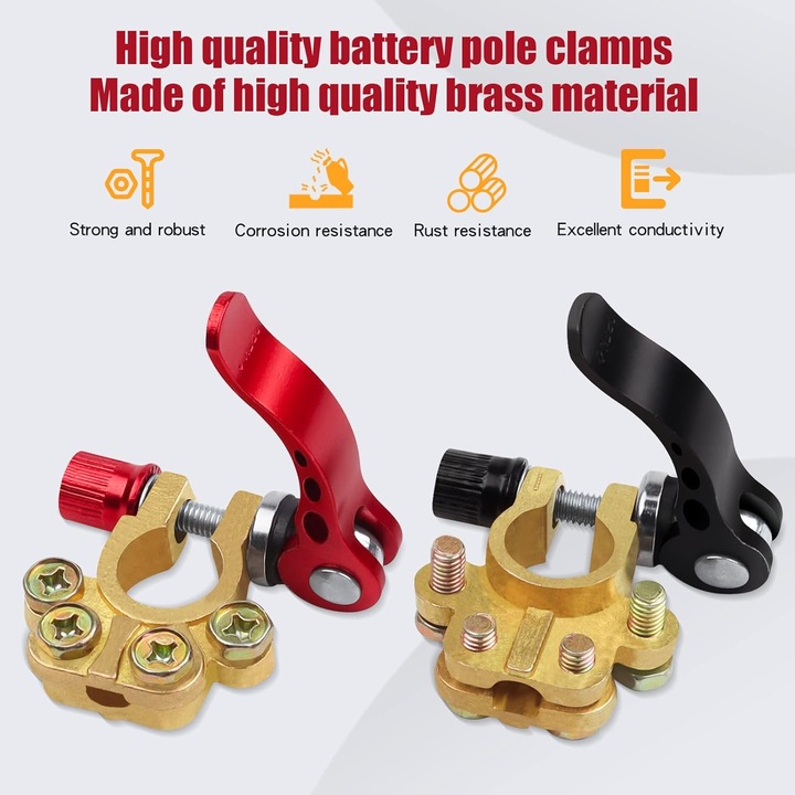 Комплект от две професионални клеми, Latauar, автомобилен акумулатор, с четири клеми и бързо освобождаващи се скоби, 2 антикорозионни шайби, медни, многоцветни