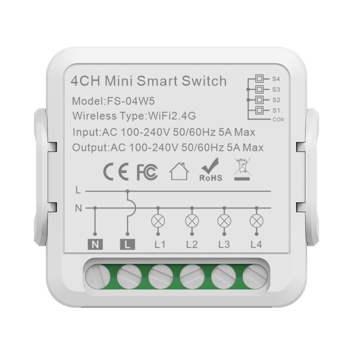 Mini Releu 4 Canale inteligent Wi-Fi, programabil, Compatibil cu app Tuya, Smart Life, Control vocal, Alexa, Amazon, Google Home, 5A @SmartWiz