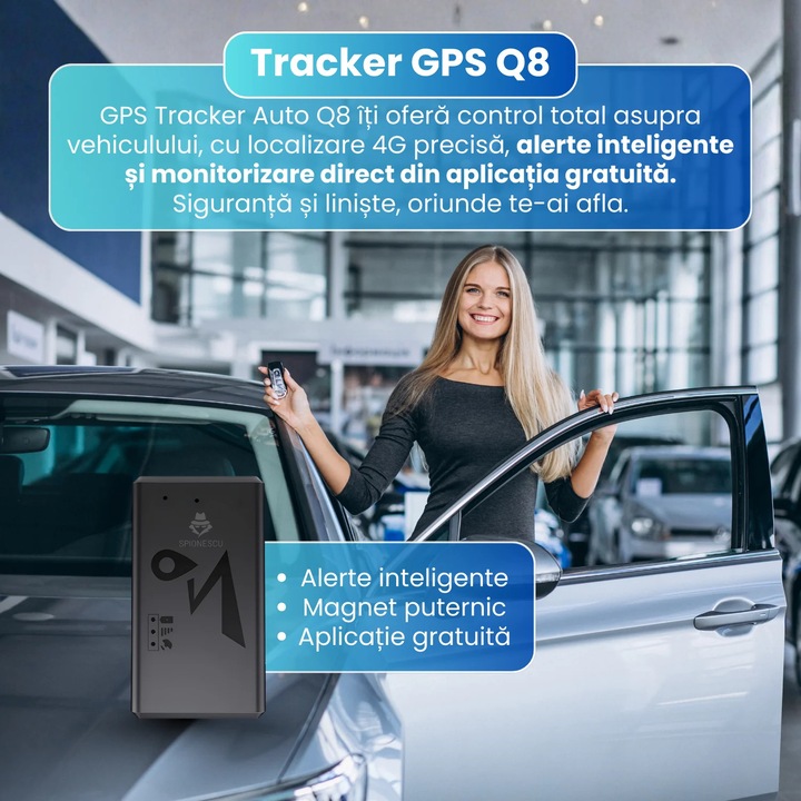 GPS tracker auto, Spionescu, Q8, 4G, fixare magnetica, stand-by 240 de zile, antifurt, microfon, istoric date, localizare in timp real, negru