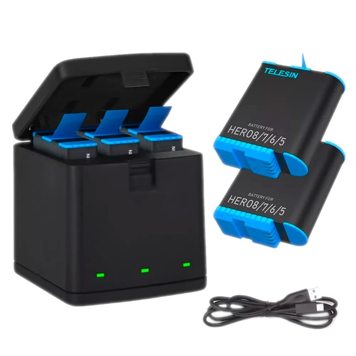 Toktöltő készlet és 2 sportvideokamera akkumulátor, Telesin, GoPro Hero 8 7 6 5-höz, USB kábel mellékelve, fekete
