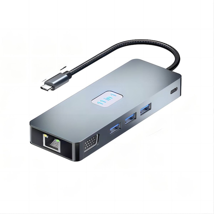 USB C хъб 11 в 1, с 3 USB 3.2 10Gbps, 3,5-мм аудио жак, 4K 60Hz HDMI, VGA, Ethernet LAN, 100WPD, TF и SD четец на карти, DP 4K@60Hz, за iPad и други устройства тип C, Сив