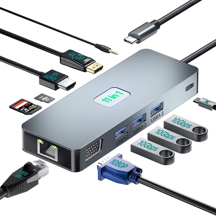 Hub USB C 11 in 1, cu 3 USB 3.2 10Gbps, 3.5-mm Jack Audio, 4K 60Hz HDMI, VGA, Ethernet LAN, 100WPD, TF si SD Card Reader, DP 4K@60Hz, pentru iPad si alte dispozitive Type-C, Gri