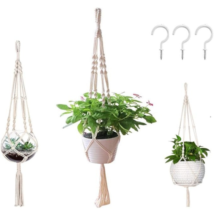 Set de 3 suporturi pentru ghivece de flori, suspendate, din macrame, pentru interior si exterior, in 3 dimensiuni, Alb