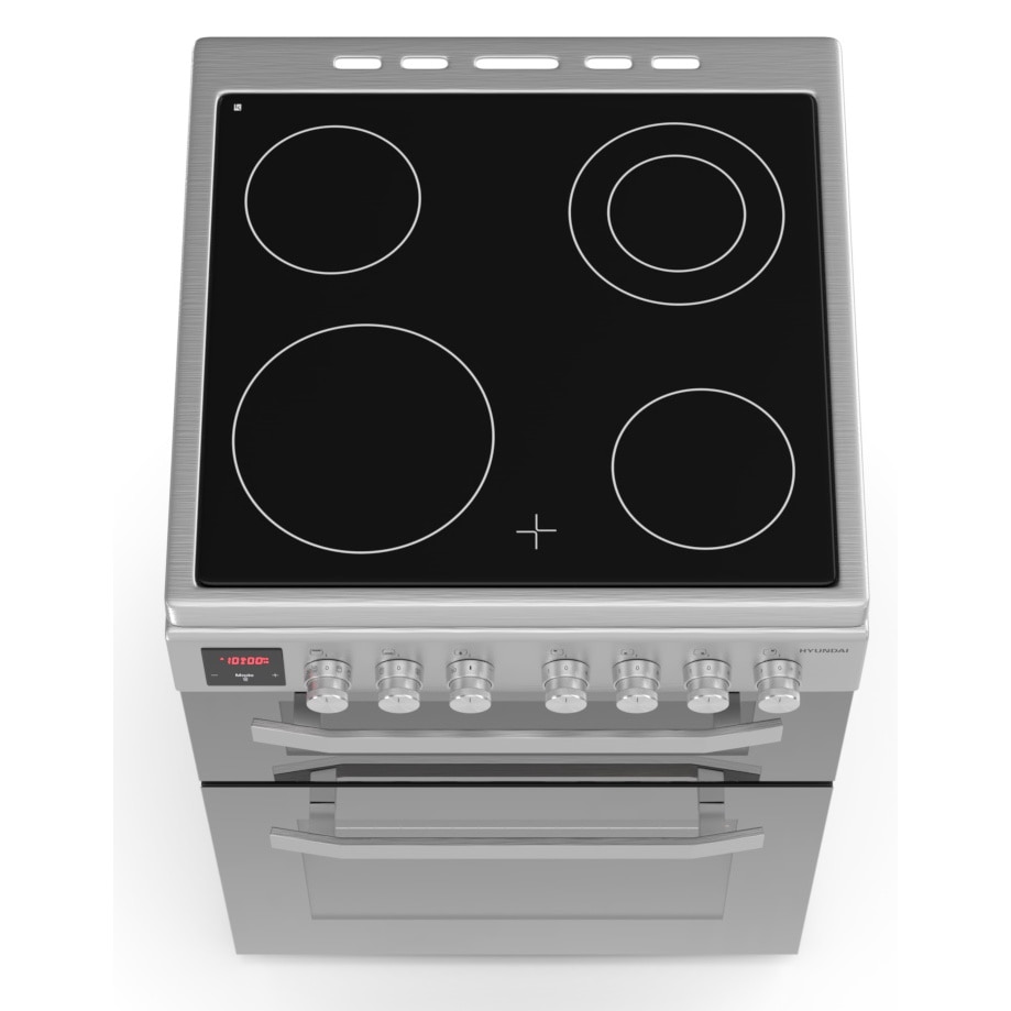 Pachet aragaz Hyundai HCV22-70L60N-DU, 2 cuptoare electric(1 electric+1 multifunctional), plita vitroceramica, 4 zone de gatit, Inox/ Sticla neagra