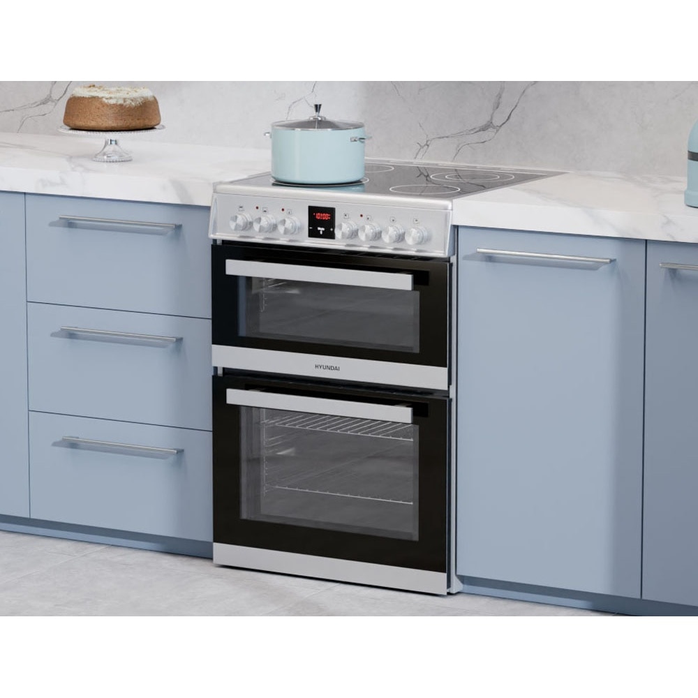 Pachet aragaz Hyundai HCV22-70L60N-DU, 2 cuptoare electric(1 electric+1 multifunctional), plita vitroceramica, 4 zone de gatit, Inox/ Sticla neagra