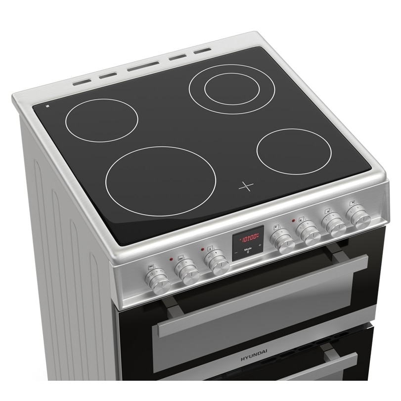Pachet aragaz Hyundai HCV22-70L60N-DU, 2 cuptoare electric(1 electric+1 multifunctional), plita vitroceramica, 4 zone de gatit, Inox/ Sticla neagra