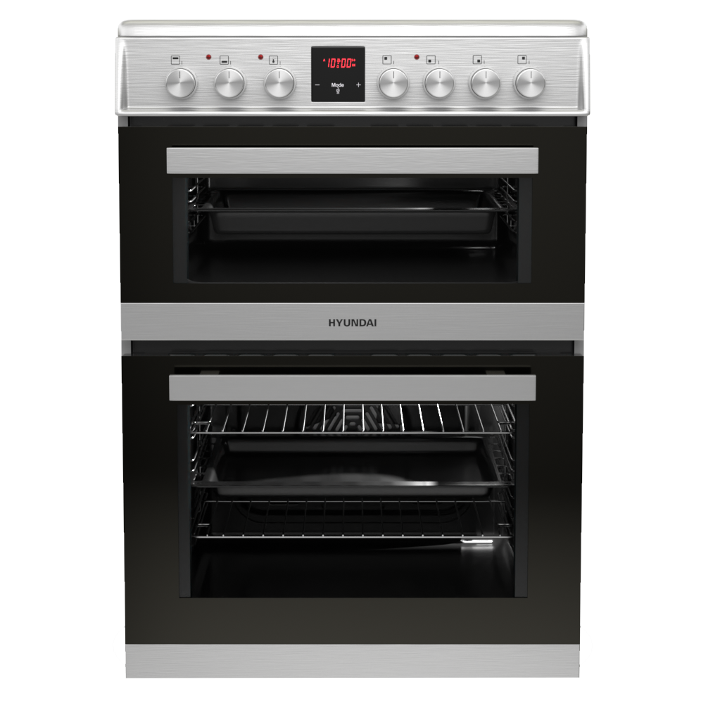 Pachet aragaz Hyundai HCV22-70L60N-DU, 2 cuptoare electric(1 electric+1 multifunctional), plita vitroceramica, 4 zone de gatit, Inox/ Sticla neagra