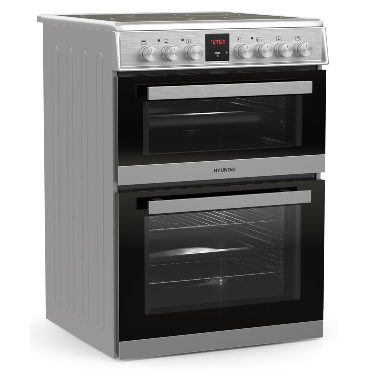 Pachet aragaz Hyundai HCV22-70L60N-DU, 2 cuptoare electric(1 electric+1 multifunctional), plita vitroceramica, 4 zone de gatit, Inox/ Sticla neagra