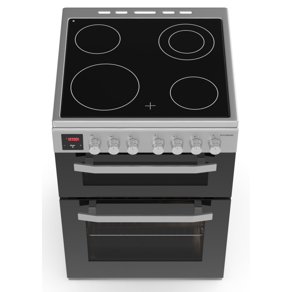 Pachet aragaz Hyundai HCV22-70L60N-DU, 2 cuptoare electric(1 electric+1 multifunctional), plita vitroceramica, 4 zone de gatit, Inox/ Sticla neagra