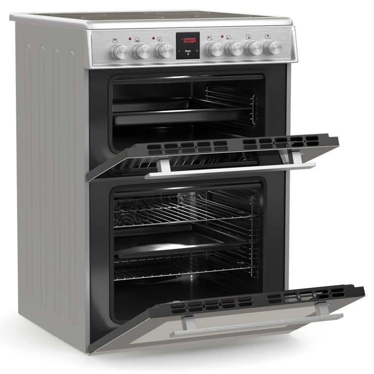 Pachet aragaz Hyundai HCV22-70L60N-DU, 2 cuptoare electric(1 electric+1 multifunctional), plita vitroceramica, 4 zone de gatit, Inox/ Sticla neagra