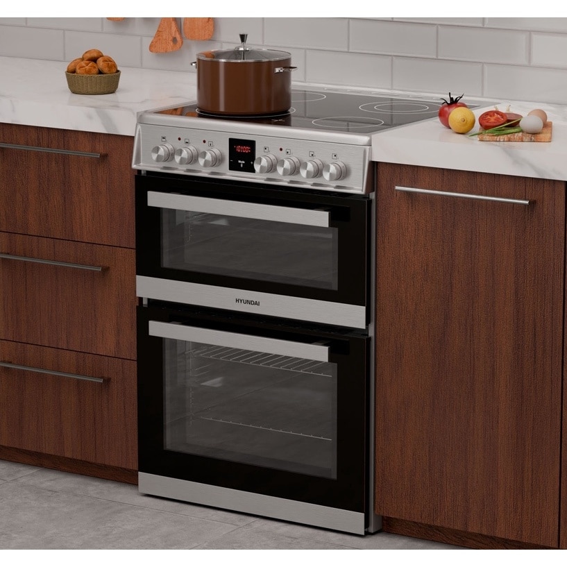 Pachet aragaz Hyundai HCV22-70L60N-DU, 2 cuptoare electric(1 electric+1 multifunctional), plita vitroceramica, 4 zone de gatit, Inox/ Sticla neagra