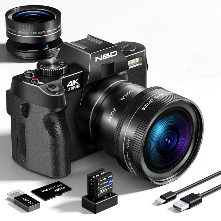 NBD® digitális fényképezőgép, 48 MP, 4K, 3,0 hüvelykes IPS, 32 GB-os SD-kártya, fekete
