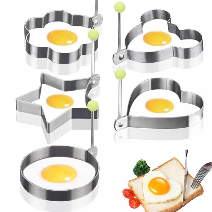 Set 5 forme cutter de patiserie pentru biscuiti, set matrite pentru omleta, turta dulce, prajituri si pentru decuparea fondantului, piese de diferite marimi confectionate din inox pentru figurine in forma de cerc, stea, inima si floare