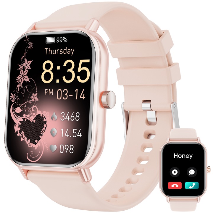 Смарт часовник, Mingtawn, модел G39, 1,85 инча, водоустойчив, Bluetooth повикване, спортен режим, фитнес тракер, сърдечен ритъм, наблюдение на съня, музикален плейър, крачкомер, розов