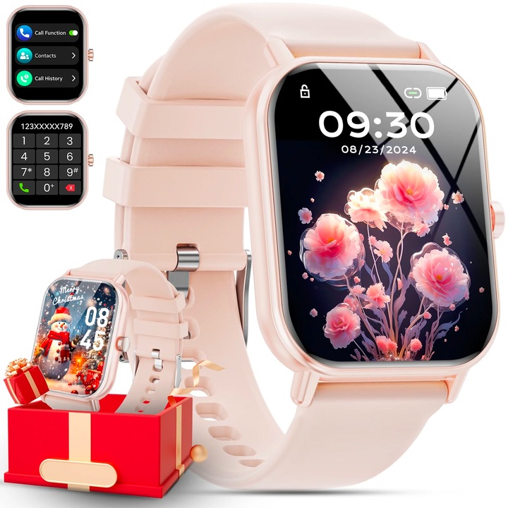 Смарт часовник, Carkira, модел G39, 1,85 инча, водоустойчив, Bluetooth повикване, спортен режим, фитнес тракер, сърдечен ритъм, наблюдение на съня, музикален плейър, крачкомер, розов